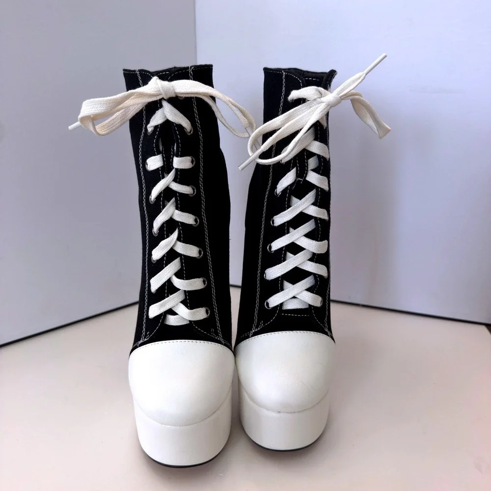 Black Canvas Lace Up Platform Stiletto Ankle Sneaker White Contrast Stitch Sz 36